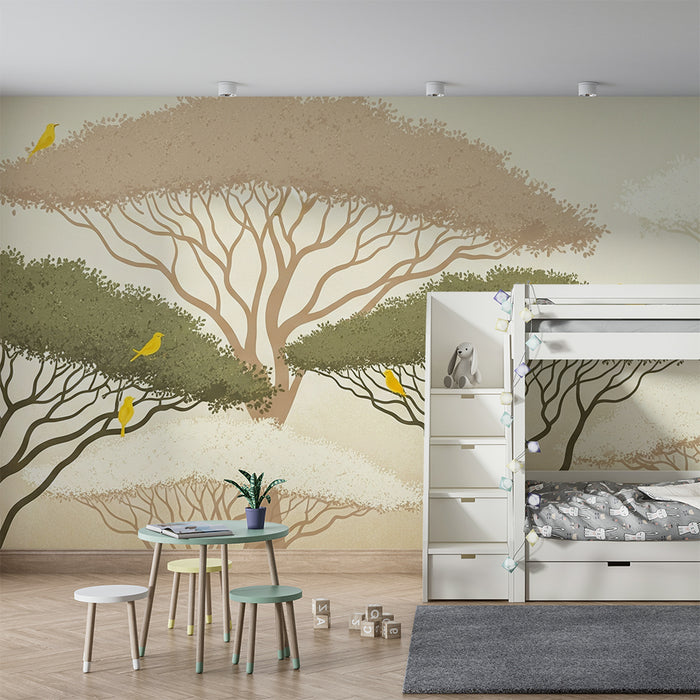 Papel pintado infantil | Árboles estilizados con pájaros amarillos sobre fondo suave