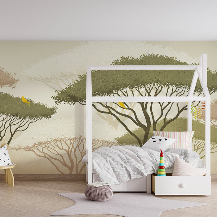 Papel pintado infantil | Árboles estilizados con pájaros amarillos sobre fondo suave