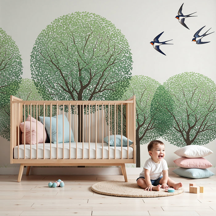 Papel pintado infantil | Árboles frondosos y pájaros volando