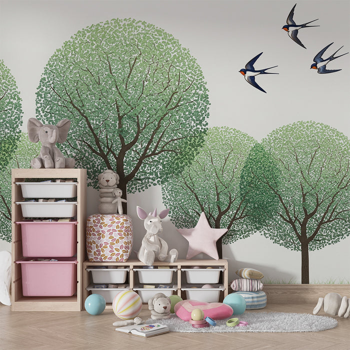 Papel pintado infantil | Árboles frondosos y pájaros volando