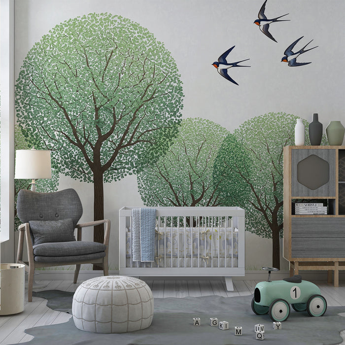 Papel pintado infantil | Árboles frondosos y pájaros volando