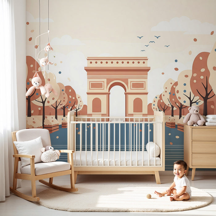 Behang kinderkamer | Triomfboog en kleurrijke bomen in de herfst