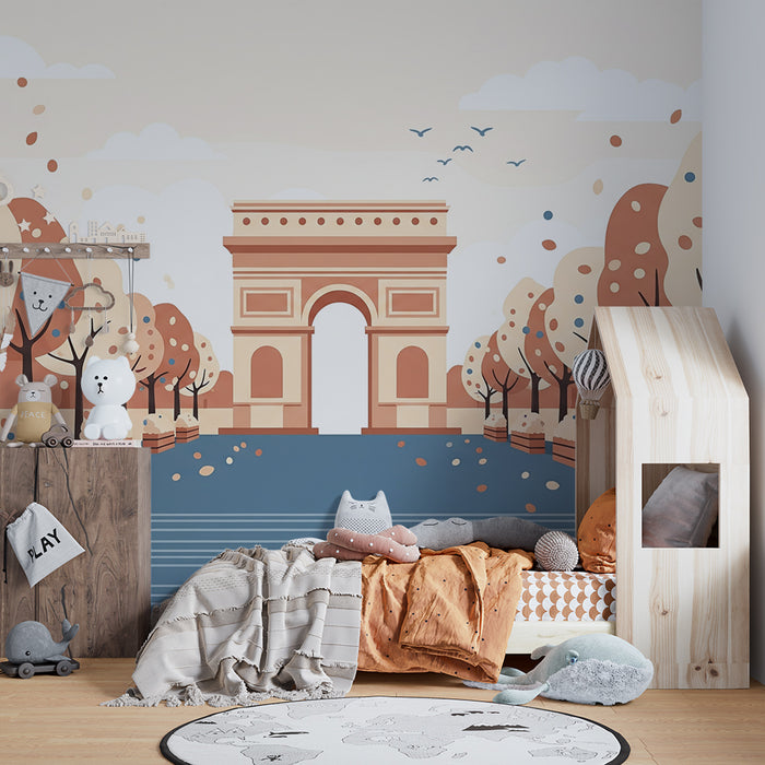 Behang kinderkamer | Triomfboog en kleurrijke bomen in de herfst