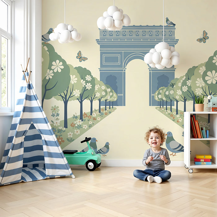 Papier peint chambre enfant | Arc de triomphe et nature florale avec oiseaux