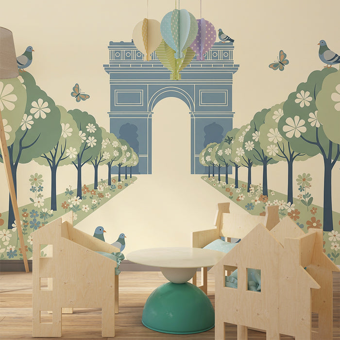 Papier peint chambre enfant | Arc de triomphe et nature florale avec oiseaux