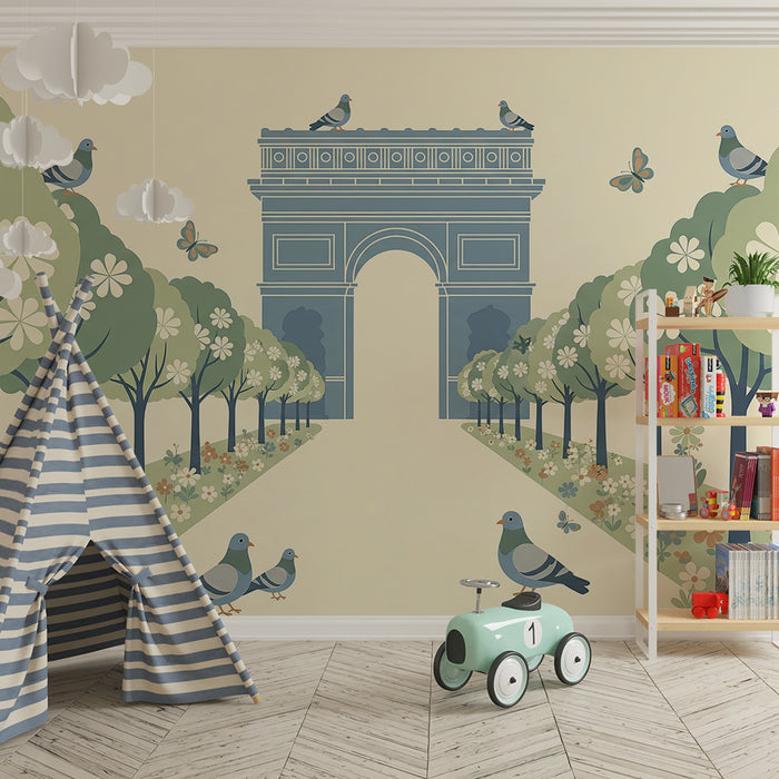 Papier peint chambre enfant | Arc de triomphe et nature florale avec oiseaux