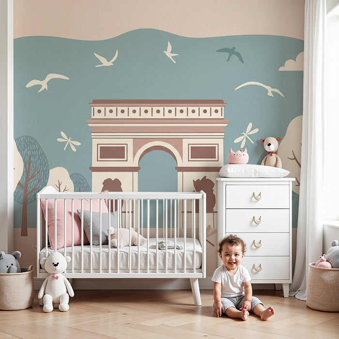 Papier peint chambre enfant | Arc de triomphe stylisé entouré de nature douce