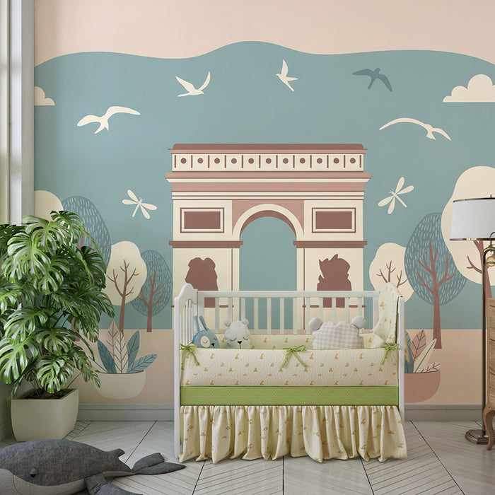Papier peint chambre enfant | Arc de triomphe stylisé entouré de nature douce