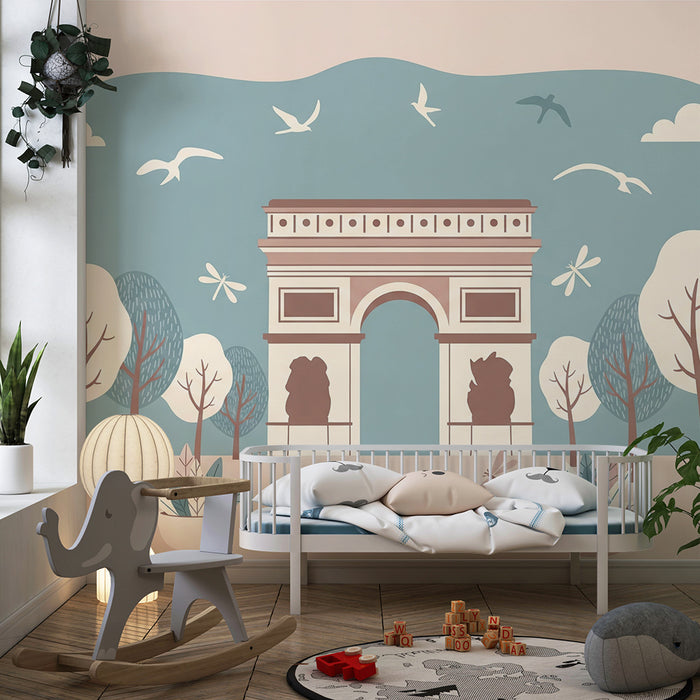 Papier peint chambre enfant | Arc de triomphe stylisé entouré de nature douce