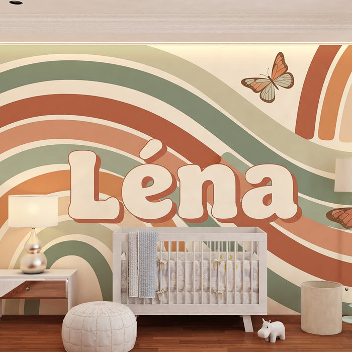 Kinderzimmer Tapete | Bunter Regenbogen mit zarten Schmetterlingen