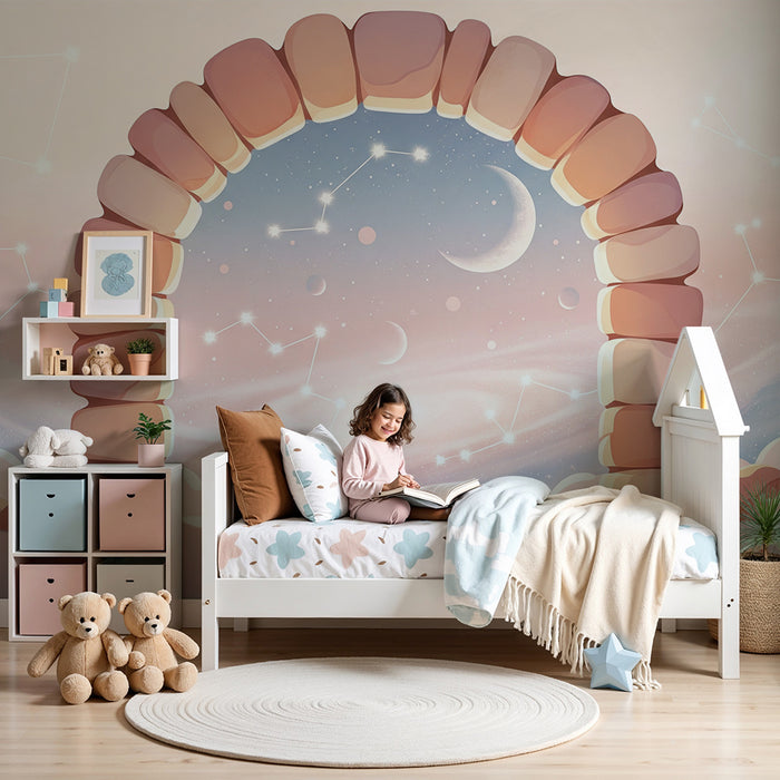 Papier peint chambre enfant | Arc en ciel cosmique avec constellations et lune