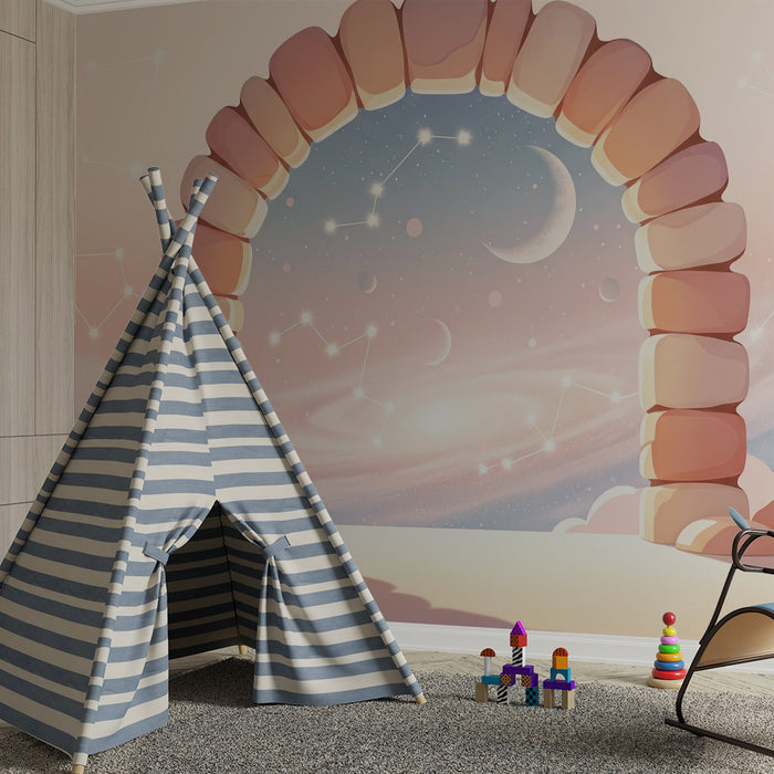 Papier peint chambre enfant | Arc en ciel cosmique avec constellations et lune