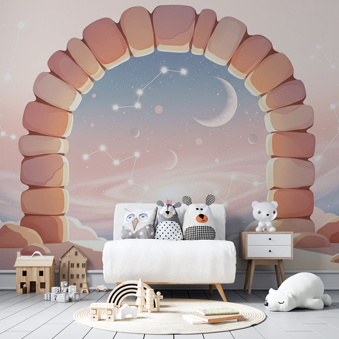 Papier peint chambre enfant | Arc en ciel cosmique avec constellations et lune