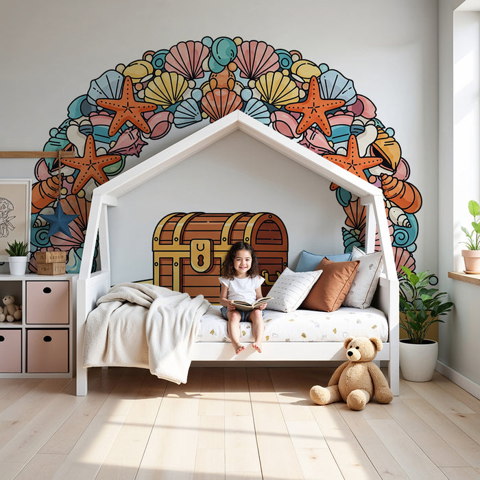 Papel de parede para quarto de criança | Arco-íris de conchas e baú do tesouro