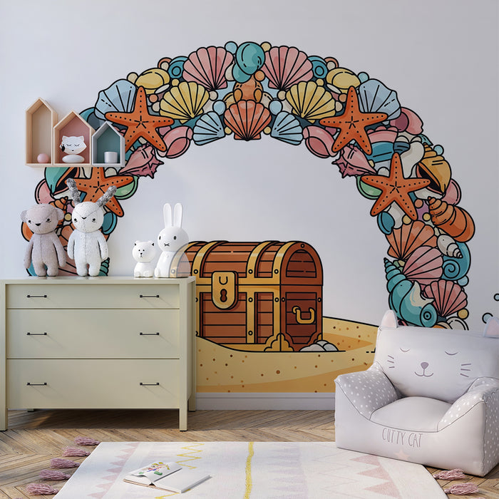 Papel de parede para quarto de criança | Arco-íris de conchas e baú do tesouro