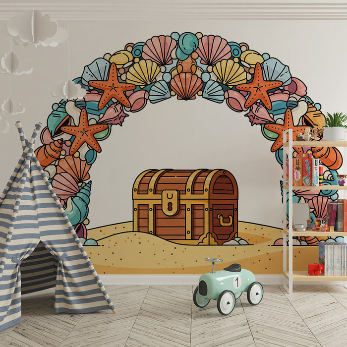 Papel de parede para quarto de criança | Arco-íris de conchas e baú do tesouro