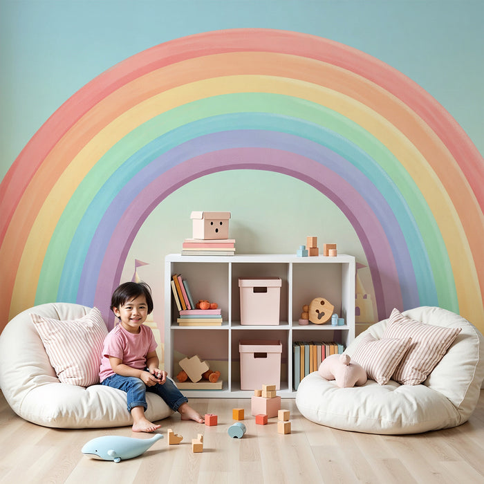 Papier peint chambre enfant | Arc-en-ciel pastel et châteaux de sable