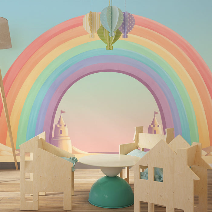 Papier peint chambre enfant | Arc-en-ciel pastel et châteaux de sable
