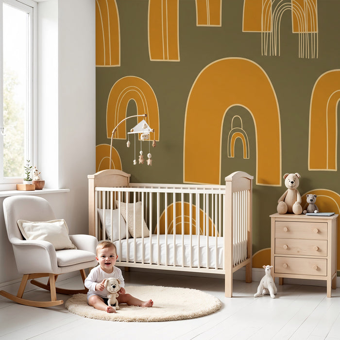 Papier peint chambre enfant | Arc-en-ciel stylisé sur fond olive
