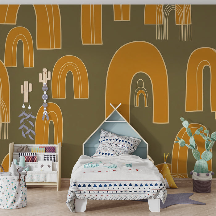 Papier peint chambre enfant | Arc-en-ciel stylisé sur fond olive