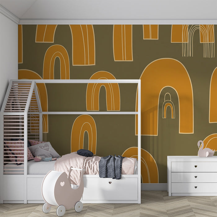 Papier peint chambre enfant | Arc-en-ciel stylisé sur fond olive