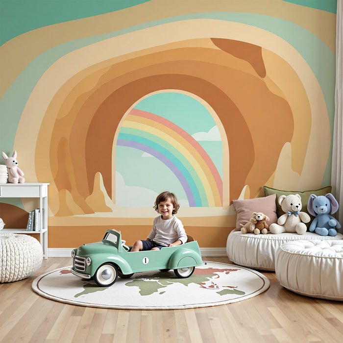 Papel pintado para habitación infantil | Arcoíris vibrante en un paisaje abstracto