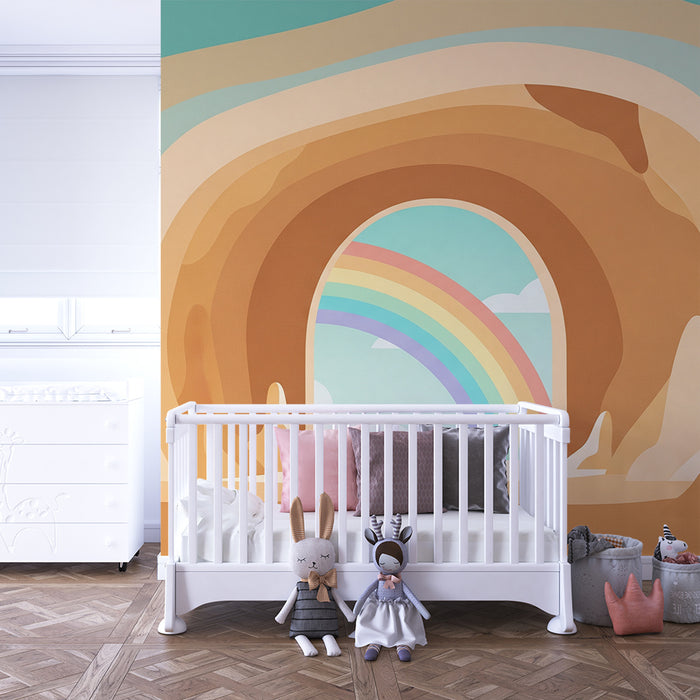 Papel pintado para habitación infantil | Arcoíris vibrante en un paisaje abstracto