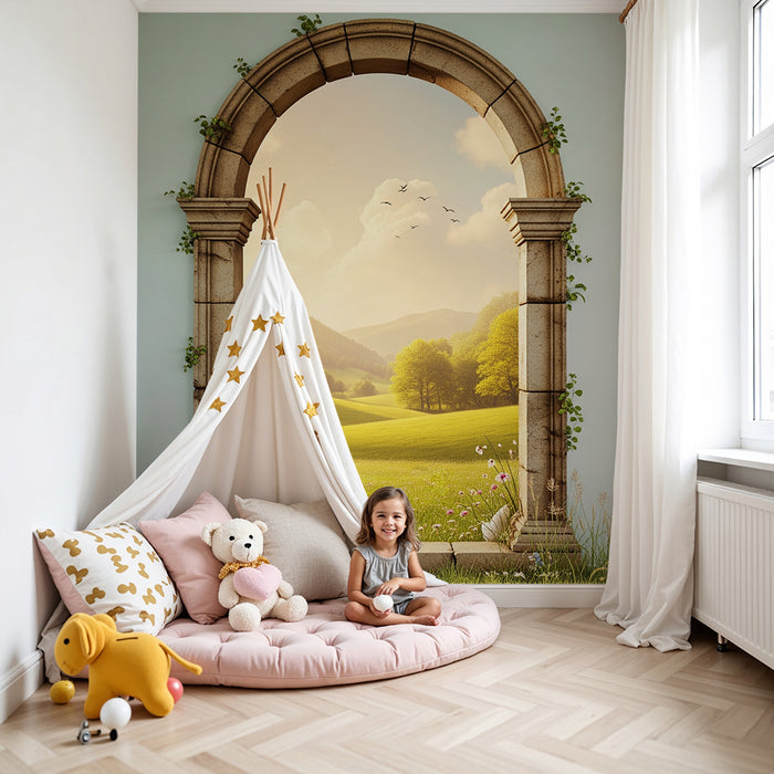 **Tapete Kinderzimmer | Steinbogen mit Blick auf eine grüne Landschaft**
