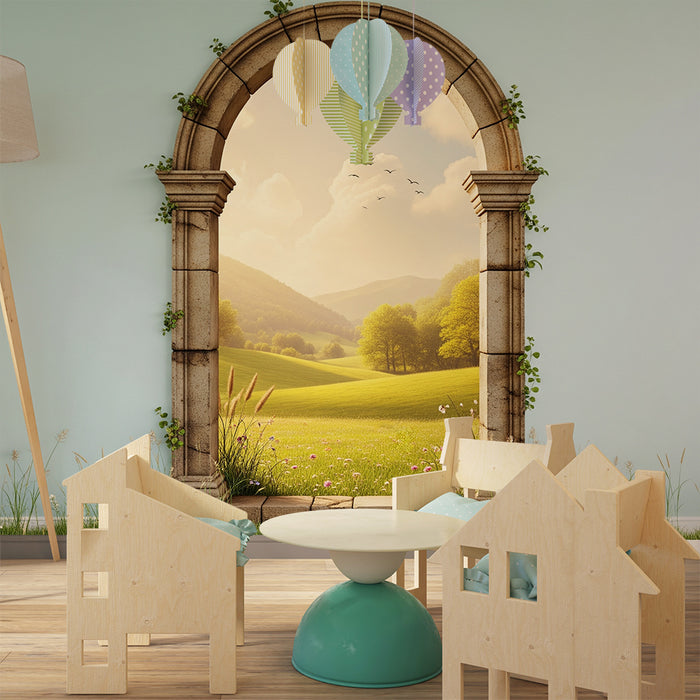 **Tapete Kinderzimmer | Steinbogen mit Blick auf eine grüne Landschaft**
