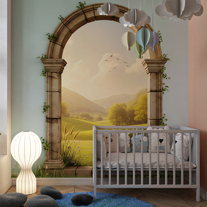 **Tapete Kinderzimmer | Steinbogen mit Blick auf eine grüne Landschaft**