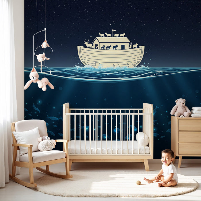 Papier peint chambre enfant | Arche de Noé flottant sous un ciel étoilé