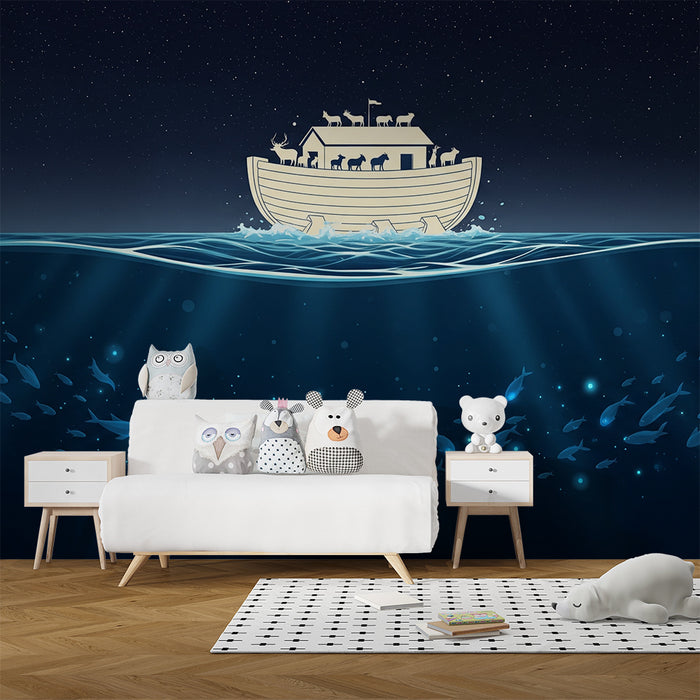 Papier peint chambre enfant | Arche de Noé flottant sous un ciel étoilé