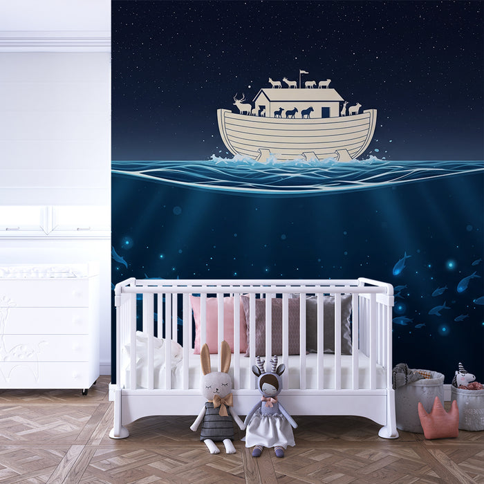 Papier peint chambre enfant | Arche de Noé flottant sous un ciel étoilé