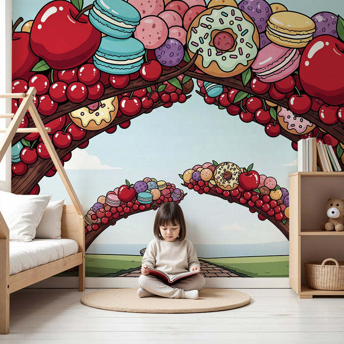 Papel pintado infantil | Arcos de frutas y dulces coloridos