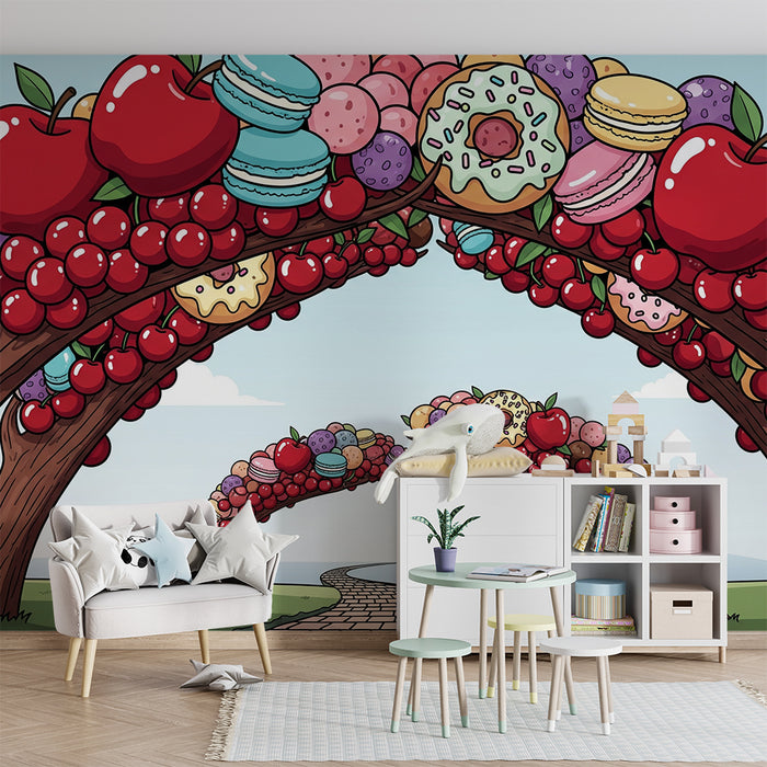 Papel pintado infantil | Arcos de frutas y dulces coloridos
