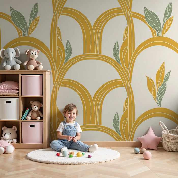 Papier peint chambre enfant | Arches stylisées avec feuillage doré et vert