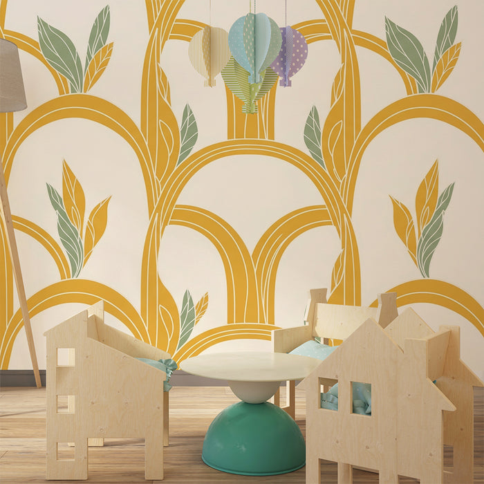 Papier peint chambre enfant | Arches stylisées avec feuillage doré et vert