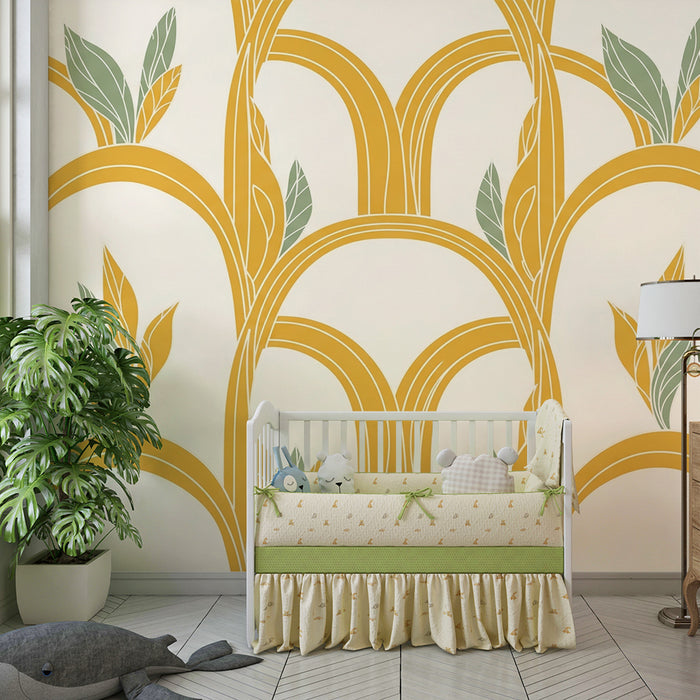 Papier peint chambre enfant | Arches stylisées avec feuillage doré et vert