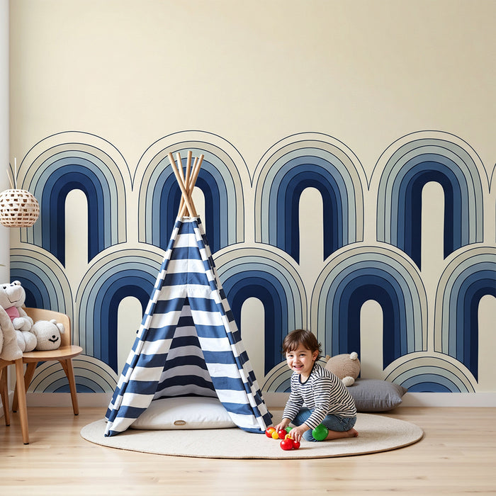 Papier peint chambre enfant | Arches stylisées en dégradé de bleus sur fond clair