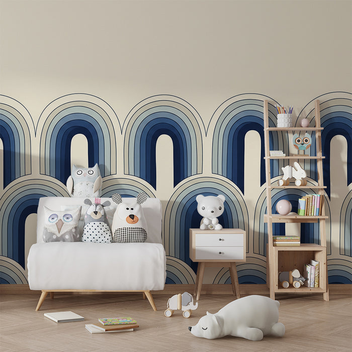 Papier peint chambre enfant | Arches stylisées en dégradé de bleus sur fond clair