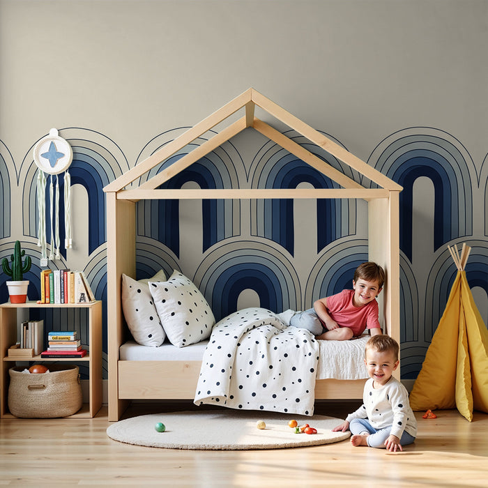 Papier peint chambre enfant | Arches stylisées en dégradé de bleus sur fond clair
