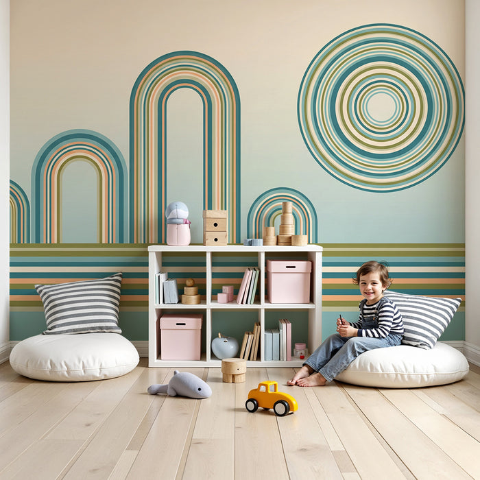 Behang kinderkamer | Zachte kleuren met kleurrijke bogen en geometrische cirkels