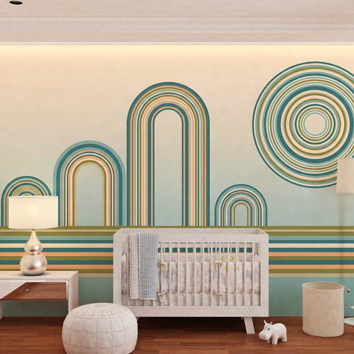 Behang kinderkamer | Zachte kleuren met kleurrijke bogen en geometrische cirkels