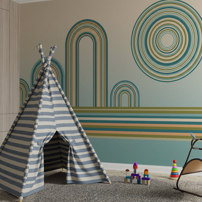 Behang kinderkamer | Zachte kleuren met kleurrijke bogen en geometrische cirkels