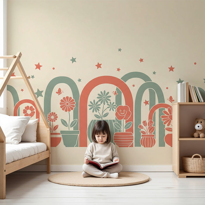 Papier peint chambre enfant | Arcs colorés et pots de fleurs joyeux