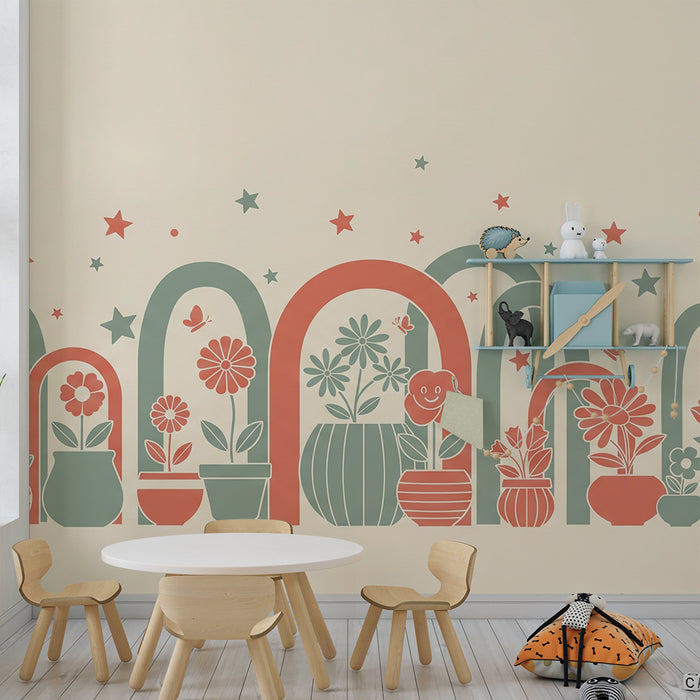 Papier peint chambre enfant | Arcs colorés et pots de fleurs joyeux