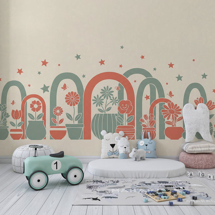 Papier peint chambre enfant | Arcs colorés et pots de fleurs joyeux