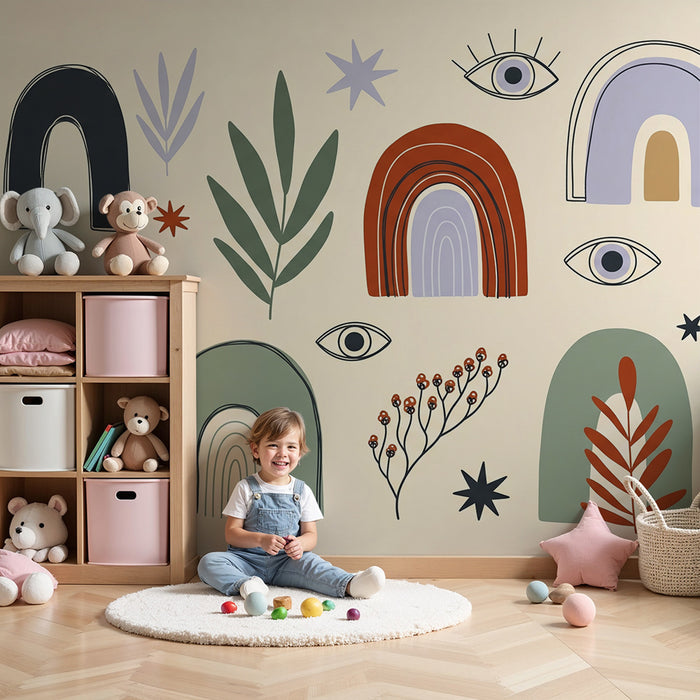 Tapet camera copil | Curcubee colorate si modele botanice moderne