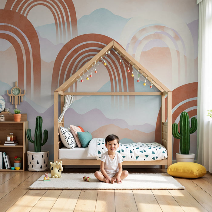 Gyermekszoba tapéta | Lágy szivárványok pasztell hegyek hátterén