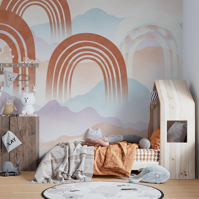 Gyermekszoba tapéta | Lágy szivárványok pasztell hegyek hátterén